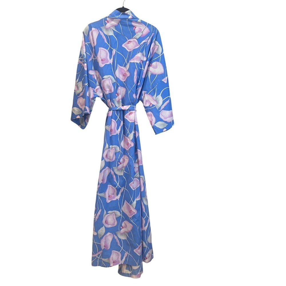 Vintage Hilo Hattie Blue Floral‎ Long Robe Kimono Made in Hawaii OSFM - Picture 5 of 7